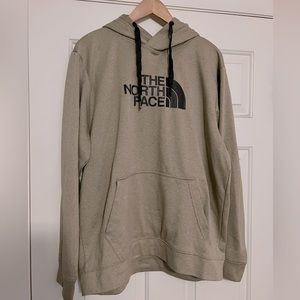 North Face hoodie. Tan with grey lettering.  Great used condition.